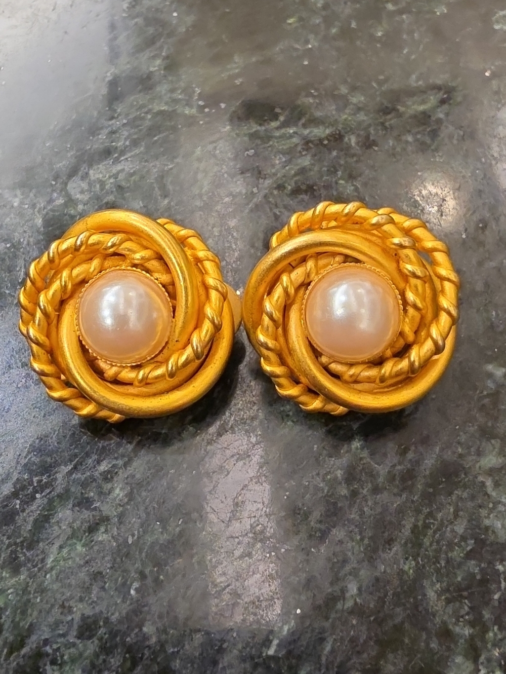 Vintage Gold Tone Faux Pearl Knot Clip-On Earrings